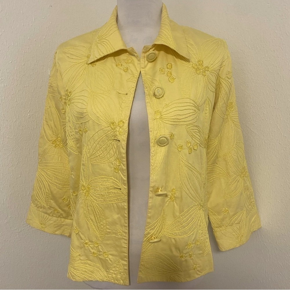 Chico’s Vintage Lemon Yellow Cotton Embroidered Sequined Sparkly Jacket Sz Small